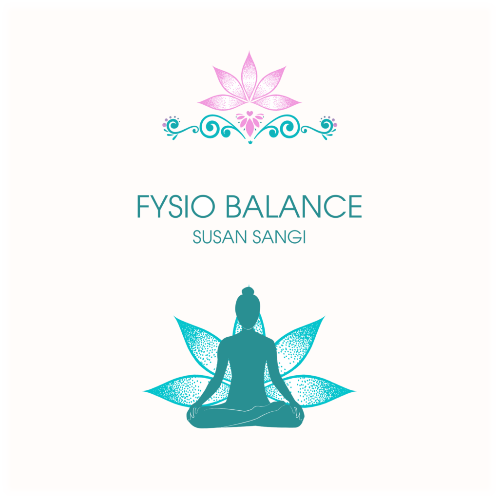 Logo. Fysio Balance, Susan Sangi. Lootuksenkukka ja meditoiva hahmo.